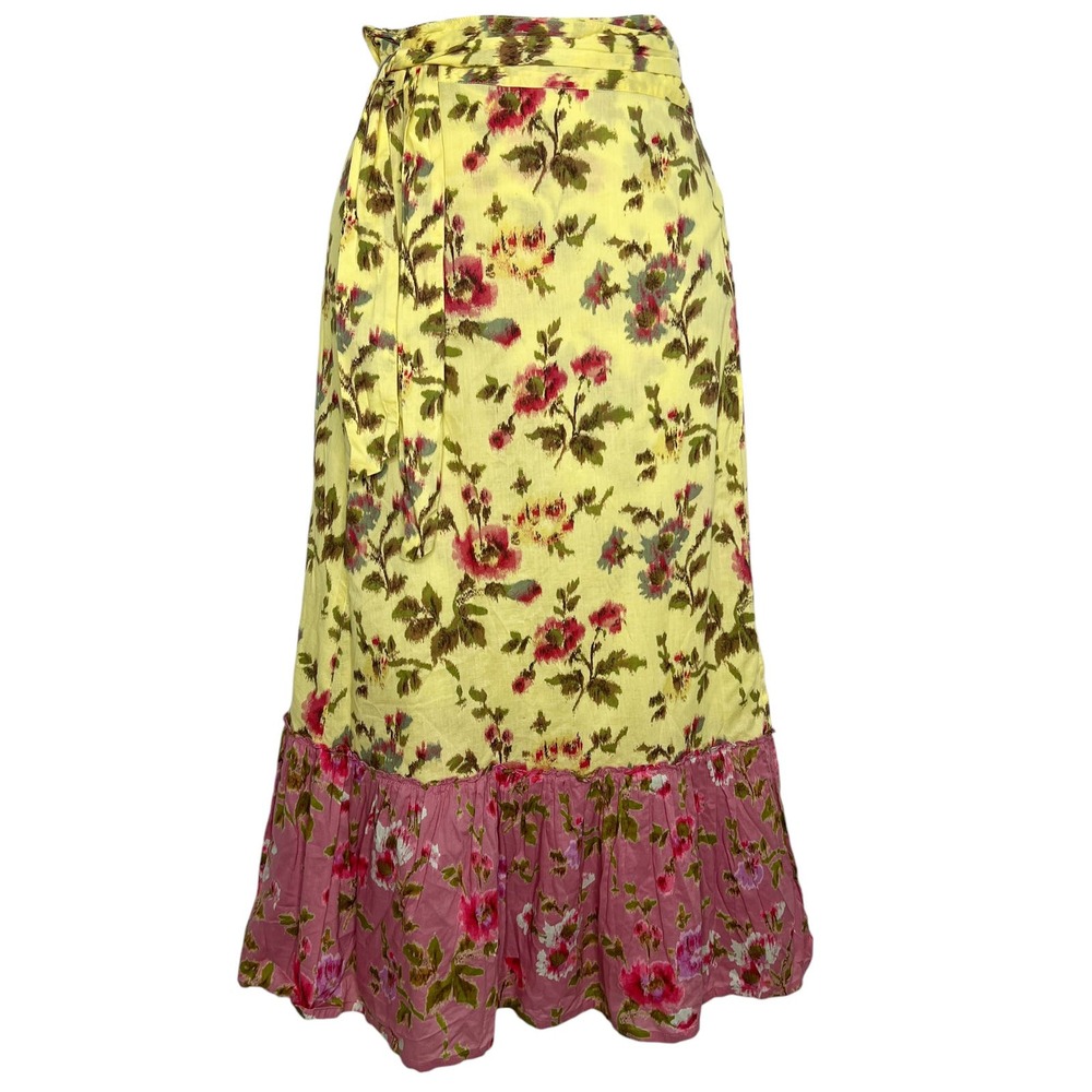 Anthropologie 4 Odille Floral True Wrap Skirt Midi Yellow Pink Cottage Fairy
